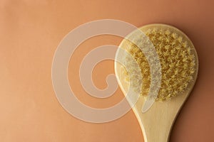 Bath brush made of bamboo isolated over brownm warm background, copy space. Zero waste product. No plastic concept.