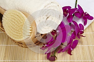 Bath brush and rolled towel in a basket