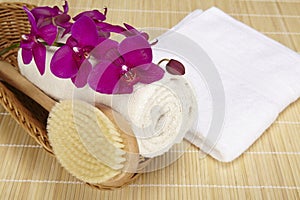 Bath brush and rolled towel in a basket