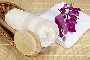 Bath brush and rolled towel in a basket