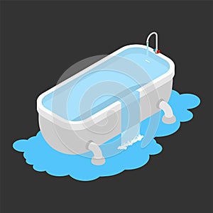 Bath clogged. Leakage canalization. Water on floor. Isometric st