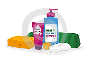 Bath Cosmetics and Toiletries Accessories Body Lotion, Herbal Hair Care Shampoo and Soap Bar with Sponge