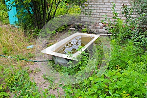 Bath with dirty water in the garden. Ecology and nature pollution concept. Ecological catastrophe. Bathtub with rusty water