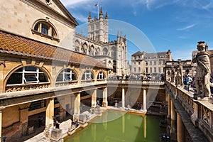 Bath, England - May 13, 2019 : inside of Roman Baths which is a site of historical interest in the city of Bath. The