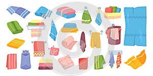Bath fabric towels vector set of illustrations. Cotton cloth towel for bathroom, kitchen for hygiene textile. Soft