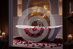 Bath filled with rose petals and scented candles. Generative AI