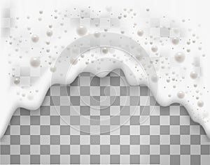 Bath foam or beer foam with bubblies isolated on transparent background. White soap froth texture with bubbles