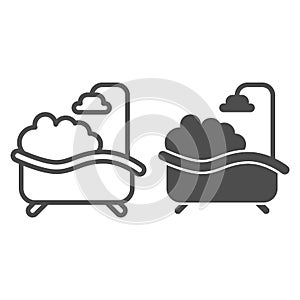 Bath with foam line and solid icon, spa concept, bathtub full of foam with bubbles sign on white background, Bathtub