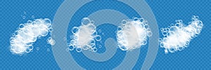 Bath foam with soap bubbles isolated on transparent background. Realistic soap sud texture. Vector illustration of