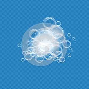 Bath foam with soap bubbles isolated on transparent background. Realistic soap sud texture. Vector illustration of