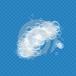 Bath foam with soap bubbles isolated on transparent background. Realistic soap sud texture. Vector illustration of