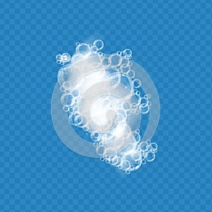 Bath foam with soap bubbles isolated on transparent background. Realistic soap sud texture. Vector illustration of