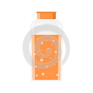 Bath foam transparent glass or plastic bottle vector flat illustration. Orange shampoo with bubbles