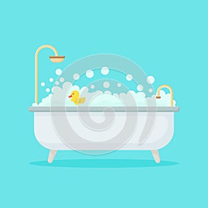 Bath full of foam with bubbles isolated on background. Bathroom interior. Shower taps, bathtub, rubber duck.