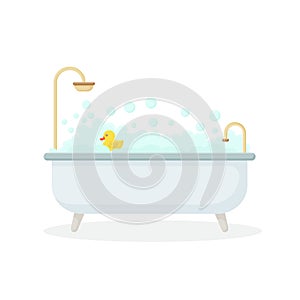 Bath full of foam with bubbles isolated on background. Bathroom interior. Shower taps, bathtub, rubber duck.