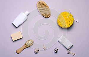 Bath Items Concept, Sponge, Shampoo or Shower Gel, Hair Brush, Pumice Stone, Top View
