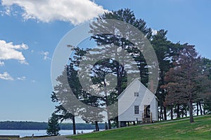 Bath, Maine, USA: A small outbuilding on the grounds of the Maine Maritime Museum