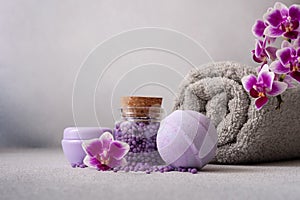 Bath products for wellness and spa with purple orchid flowers