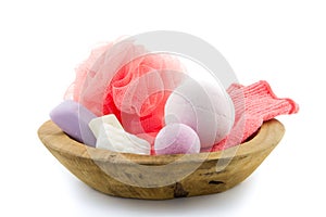 Bath products in a wooden bowl photo