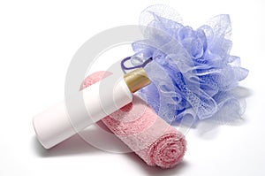 Bath puff liquid soap and towel