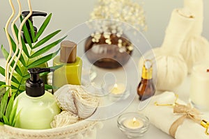 Bath relax still life with spa cosmetics and accessories