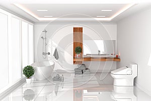 Bath room Interior - white empty room concept - modern style, bathroom, new room modern design. 3D rendering