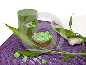 Bath salt, aroma candle and bamboo leafs