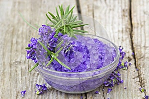 Bath salt, lavender flowers and rosemary
