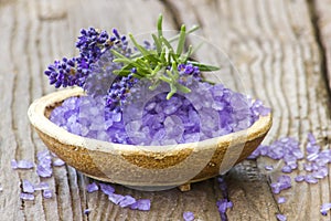 Bath salt, lavender flowers and rosemary