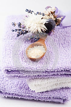 Bath salt, purple towels