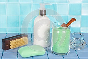 Bath salts, soap and soap dispenser