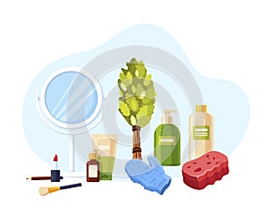 Bath and sauna accessories cartoon set. Accessories for sauna, spa treatments, hygiene products. Birch broom, washcloth, mirror,