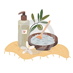 Bath sea salt and olive oil body gel. Spa relaxation concept, Vector Illustration.