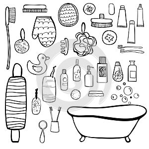 Bath set. Bathroom items. Vector sketch  illustration