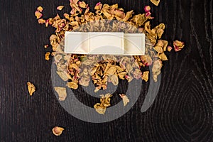 Bath soap with dry rose petal closeup