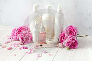 Bath and spa with rose flowers .Spa beauty products for body and face home skin care