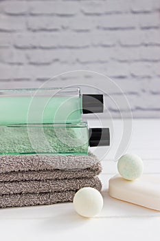 Bath stuff beauty concept gray towels vertical front view
