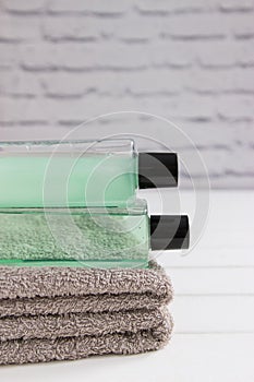 Bath stuff beauty concept gray towels vertical front view
