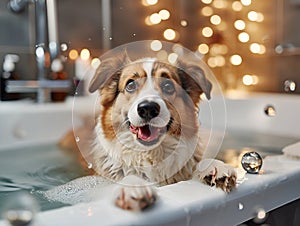 Bath time becomes a joyous occasion for this dog, with glistening bubbles and twinkling lights enhancing the fun