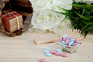 Bath Time color tablets for kids on wood background