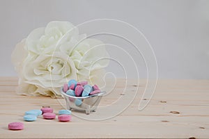 Bath Time color tablets on wood background