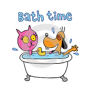 Bath time - cute cat and dog characters