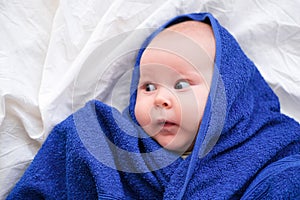 Bath time. Cute caucasian infant baby looking at camera wrapped in blue towel after bathing in the bath on white bed