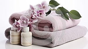 Bath-time Elegance. Luxurious Towels, Blooming Beauty, and Handy Dispenser. Generative AI