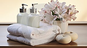 Bath-time Elegance. Luxurious Towels, Blooming Beauty, and Handy Dispenser. Generative AI