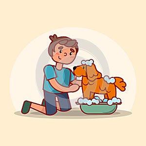 Bath time. Everyday scenes with pets. A boy is washing his dog. Flat vector illustration.