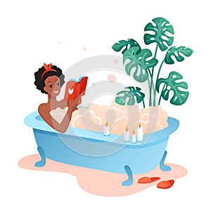 Bath time flat vector illustration, cartoon happy young woman character lying in bathtub, relaxing in bathroom at home