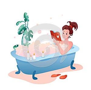 Bath time home spa flat concept vector illustration, cartoon pretty young woman character having relaxing bubble foam