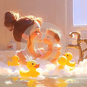 Bath Time Joy: A Mother and Child\'s Soaking Moment