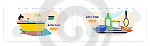 Bath time landing page design, website banner vector template set. Woman taking bath. Home spa procedure. Daily routine.